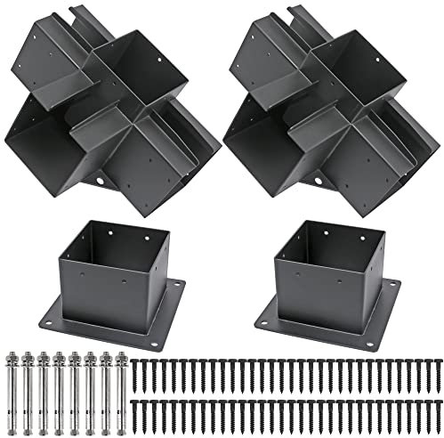 2Pack Pergola Brackets 4-Way Right Angle Corner Bracket 6x6 (Actual: 5.5x5.5 Inch) Stainless Steel Pergola kit Bracket with Screws for Wood Beams Includes 2Pack Post Base
