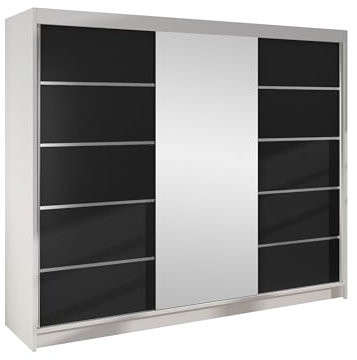 Mirjan24 Kleiderschrank Dotan VI mit Spiegel, Kleiderstange und Fächer, Schlafzimmerschrank, Schwebetürenschrank, Schiebetürenschrank, Dielenschrank, Garderobenschrank (Weiß/Schwarz)