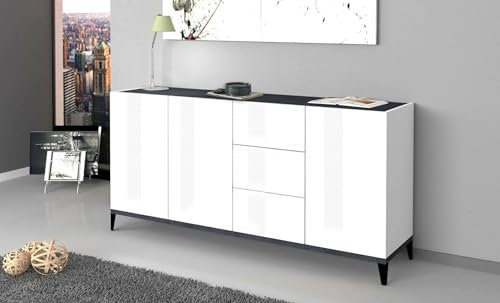 Dmora - Buffet Paolo, Buffet de Cuisine 3 Portes et 3 tiroirs, Buffet de Salon, 100% Made in Italy, 160x40h82 cm, Blanc Brillant et Ardoise