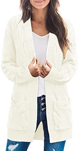 MEROKEETY Women's Long Sleeve Cable Knit Cardigan Sweaters Open Front Fall Outwear with Pockets, Cream, XX-Large