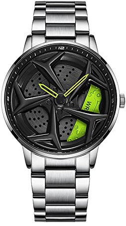 RWXCOW Herren Uhr Kreativ Armbanduhren,Autorad Felgennabenuhr,Auto Rad Felgen Nabe Uhr, Männer Sport Wasserdicht Custom Design Armbanduhr,3D Auto Rad Felge Nabe Quarz Herrenuhr (E-Stahlbandsilber)