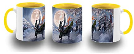 MERCHANDMANIA TAZA AMARILLA paisaje wano, samurai, Roronoa Zoro, espadachín, Ronin color mug.