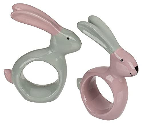 Santiago y Cia Serviettenhalter aus Keramik, 9 x 6 cm, rund, verziert mit dem Kopf eines Hasen, in Kombination aus Rosa und Pastellgrün, Mehrfarbig, Nicht anwendbar