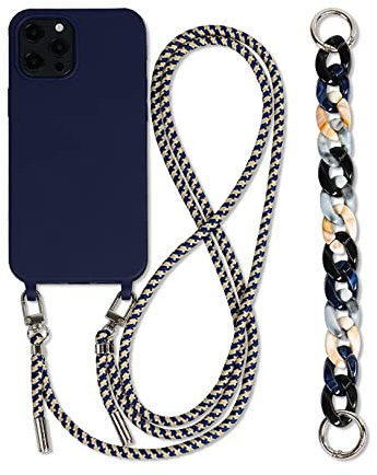 Emlivi Coque chaîne de téléphone Compatible avec iPhone 12 TPU étui pour téléphone 3 en 1 Bracelet Lanyard Coque en Silicone Souple avec Collier De Perles Coque pour iPhone 12, Bleu
