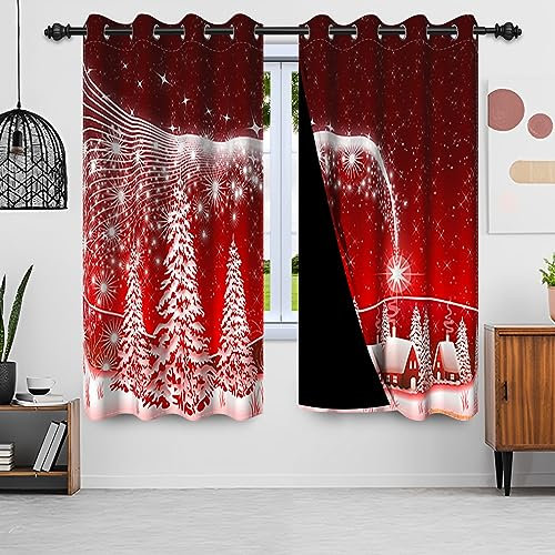 Uiiooazy Gardinen Weihnachten, Vorhang Schnee Winterlandschaft Weihnachtsbaum Vorhänge Blickdicht Polyester Gardine Verdunklungsvorhänge mit Ösen für Wohnzimmer Schlazimmer Fenster Balkon 135Bx160Hcm