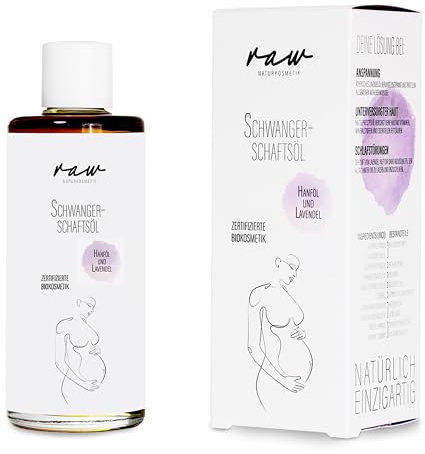 raw Kosmetik, Bio Schwangerschaftsöl Lavendel, zertifizierte Bio Kosmetik als Körperöl zur wirksamen Vermeidung von Dehnungsstreifen sowie beruhigend und entspannend, zertifiziert klimaneutral