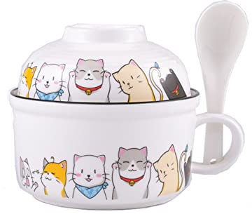 Japanese Bowl Ram Bowl Instant Pasta Bowl Ramen Bowl with Lid And Spoon Mussile Instant Noodle Bowl Soup Bowl Stainless Steel Bowl Rice Bowl Cat Motif,White