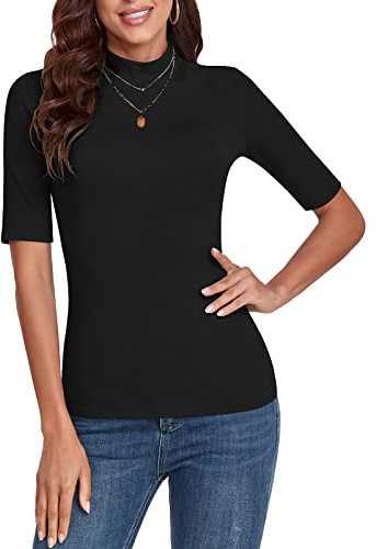 WOWENY Women's Half Sleeve Shirts Mock Turtleneck Slim Fitted Basic Stretchy Lightweight T-Shirt Tops Shirts Based Layer Tight Tops Tee,Black,XXL