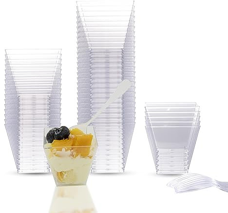 Mini Dessert Cups with Spoons, 2oz/60ml 50 Pcs Reusable Plastic Square Dessert Cups with 50 Pcs Plastic Spoons, Dessert Pots Bowls, ClXear Cheesecake Pots Cups for Dessert Pudding Mousse Party