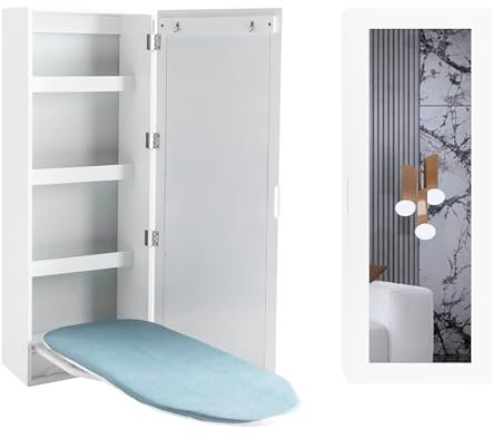 Organizedlife Armadietto per asse da stiro da parete, portaoggetti nascosto, pieghevole e girevole a 180°, durevole, 4 ripiani in legno e specchio frontale, bianco