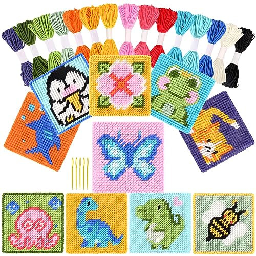 Pllieay 10-in-1 Kreuzstich Anfängerset für Kinder, Stickerei Kit enthält 10pcs Kunststoff Mesh Canvas mit Muster, 15 Garne, 5 Webenadeln, Nadelspitzen Starter Kit Nähen Set mit Anleitung