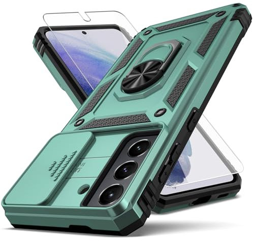 YZOK for Samsung Galaxy S21 Case,with Camera Lens Cover HD Screen Protector,[Military Grade] Ring Car Mount Kickstand Hybrid Hard PC Soft TPU Shockproof Protective Case for Galaxy S21, Dark Green