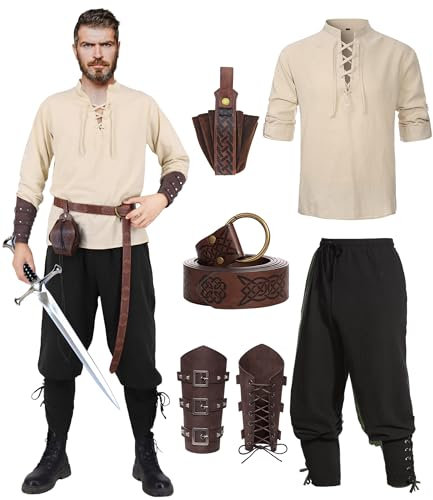 Mittelalter Hemd Viking Kostüm Herren Renaissance Viktorian Piraten Schnürhemd Fischerhemd Kriegerin Gothic Stehkragen Cosplay Top with Kniebundhose Männer Armschützer Steampunk Ritter Gürtel VL001XL