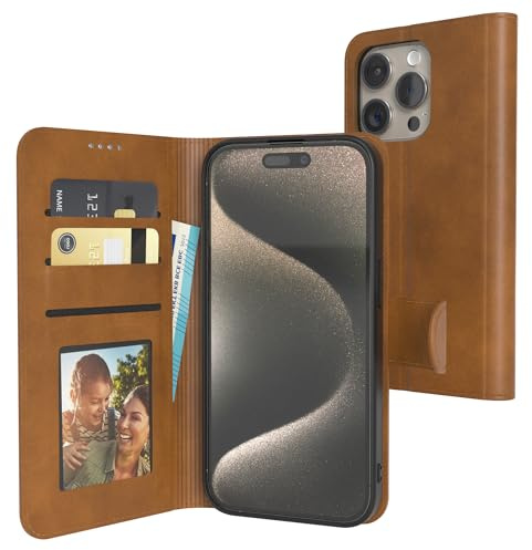 EAZY CASE - Klapphülle für iPhone 15 Pro Hülle klappbar mit Kameraschutz Schutzhülle Magnetverschluss Ständer Kunstleder Klapptasche mit Kartenfach Sichtfenster für Foto Premium Handyhülle Hell Braun