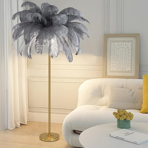 ANram Lampadaire en plumes d'autruche naturelles, lampe décorative simple pour chambre à coucher et salon, corps de lampe doré, 3 couleurs à intensité variable avec ampoule LED G4