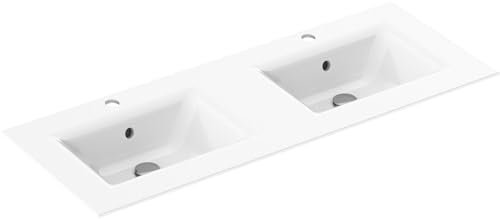 Saqu Fluente DoppelWaschbecken mit 2 Armaturenlöchern 121x51x1 cm - Glänzend Weiß - Waschbecken für Unterschrank, Waschtisch für Badmöbel Set