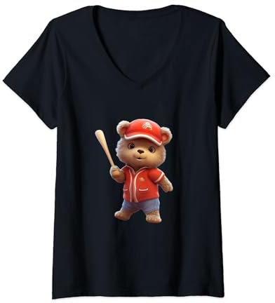 Damen Cute Baseball Teddy Bear Red Jersey Cap Softball T-Shirt mit V-Ausschnitt