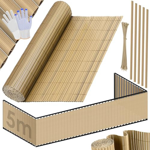 KESSER® PVC Sichtschutzmatte Sichtschutzzaun 80x500cm Balkonverkleidung Windschutz verstärkte Lamellen für Garten Balkon & Terrasse Balkonumrandung inkl Kabelbindern, Abdeckung & Handschuhe Bambus