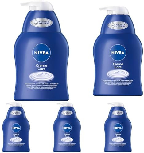 NIVEA Creme Care Pflegeseife (250 ml), milde Handseife mit original NIVEA Duft für sanfte Reinigung, Flüssigseife pflegt und verwöhnt die Haut mit extra cremig-zartem Schaum (Packung mit 5)