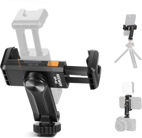 NEEWER Basic Phone Tripod Mount Holder with 1/4 Thread & Cold Shoe, 2.36-3.54/6-9cm 360° Rotatable Camera Mount Cellphone Clamp for iPhone 16 15 14 13 12 11 Pro Max X XR Samsung S24 Ultra, SP-10