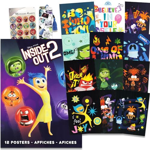 Disney Inside Out Posterbuch Super Set – Bündel mit 12 Inside Out 2 Postern mit Freude, Wut, Traurigkeit, Angst und mehr mit Aufklebern, Lesezeichen, Raumdekoration