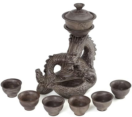 fanquare Semi Automatic Tea Set Chinese Loong Kungfu Teapot Teacup Grey Porcelain Tea Service for Men Adults