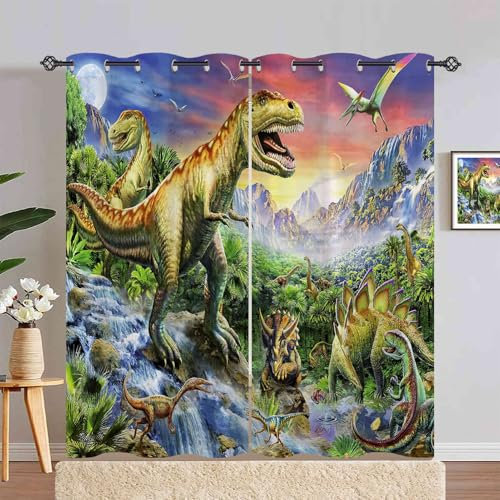 ANHOPE Dschungel Tier Dinosaurier Verdunklungsvorhänge mit Ösen Blickdichte Gardinen Blackout Curtain Thermo Vorhänge Kinder Jungen Mädchen Schlafzimmer Wohnzimmer Vorhang 2er Set H 245 x B 200 cm