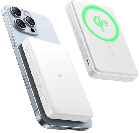 ESR Power Bank MagSafe Certificato Qi2, Capacità di 10,000mAh a 15W, Ricarica Rapida, Display LED, Caricatore Portatile Ultracompatto, Cavo USB-C per iPhone 16/15/14/13/12, Bianco