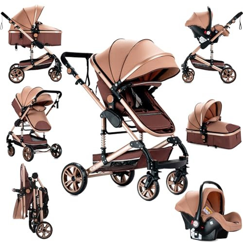 Sianldcone Kinderwagen 3 in 1, Hochwertige Stoffe Kinderwagen Set, Zwei-Wege-Schiebefunktion Reisesysteme, Offene Sicht Kombikinderwagen 3 in 1 Komplettset (739 Beige)