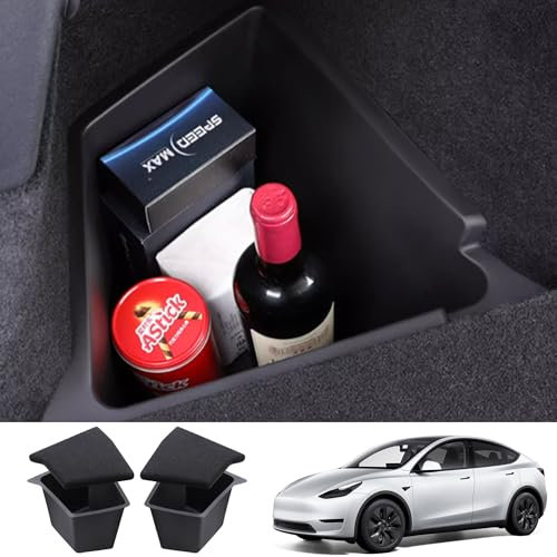 Treesiche Rear Trunk Organizer for Tesla Model Y 2020-2024 Storage Boot Bins Side Box with Lid Carpeted Lip Interior Accessories (Made in Berlin-2Pcs)
