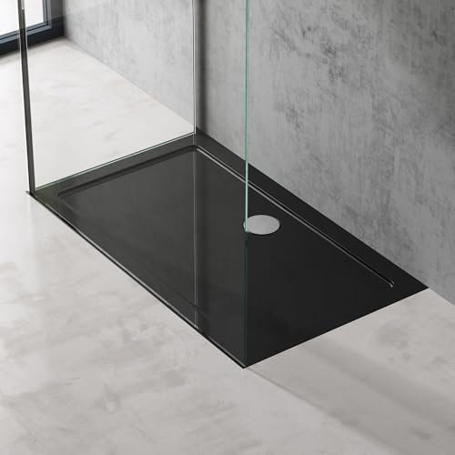 doporro Plato de Ducha Rectangular Acrílico 70x120x4cm en Negro Conexiones DIN apto para Instalación a ras de Suelo Faro2