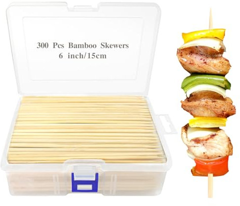 300 Pcs 6 inch Natural Bamboo Skewers, Φ=4mm, PEOUWNES Food Sticks for Appetiser, BBQ, Fruit，Cocktail, Grilling Kebabs, Bouquet, Chocolate Fountain, Corn Dog, Kitchen, Barbecue, Crafting and Party