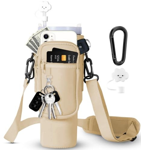 HOLKEU Sac de Stanley Cup, Sac pour Bouteille d'eau pour Tasse Stanley 40oz, Stanley Quencher Accessoire avec Compartiment pour téléphone Portable et bandoulière réglable pour Voyage, Beige