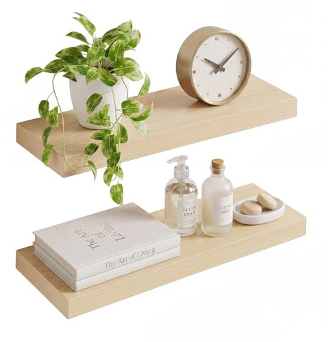 Wandregal Weiße Eiche 60cm, Schweberegal Wandregal Holz, 2er-Set | Schwebend, zur Wandmontage, für Dekoration & Aufbewahrung, Schlafzimmer, Badezimmer, Wohnzimmer & Küche, praktisch & stilvoll