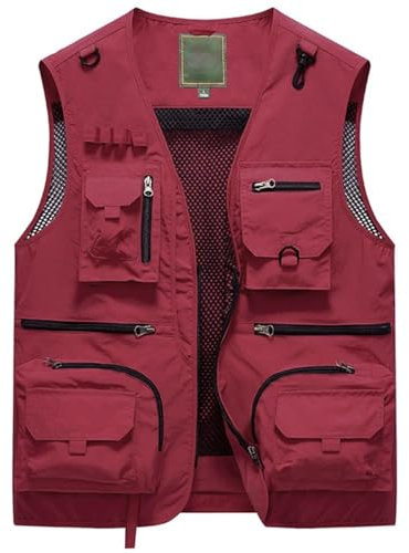 YOUTHUP Mens Utility Fishing Vest Outdoor Multi Pocket Work Vests Summer Hunting Photography Safari Gilet, Red, XL