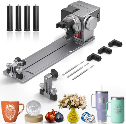 ATOMSTACK R8 Rotationsfutter für P1 Laser Gravüreimaschine, mit 4 hebelfüßen, zur Gravur auf zylindrischen Objekten, Kugeln, Ringen und unregelmäßigen Formen (R8)
