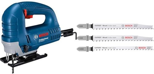Bosch Professional GST 8000 E Jigsaw (Including 1x Saw Blade T144 D, Anti-Splinter Guard) + 3X Expert Wood 2-Side Clean Jigsaw Blade Set (for Solid Wood Furniture Board, Plywood, Length 117 mm)