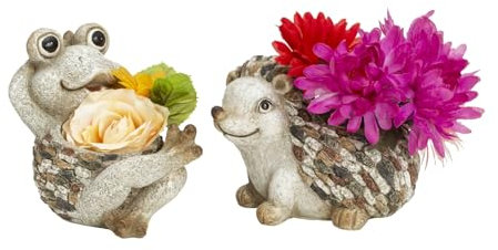 MF Garten Pflanzgefäße Blumentöpfe 2er-Set, Frosch & Igel Dekofiguren, Polyresin, 16,5 x 18 cm & 15 x 19 cm, Grau-Braun