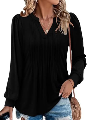CHICZONEPuff Long Sleeve V Neck Tunic Tops Womens Henley Pleated Fall Casual Comfort T-Shirt Black