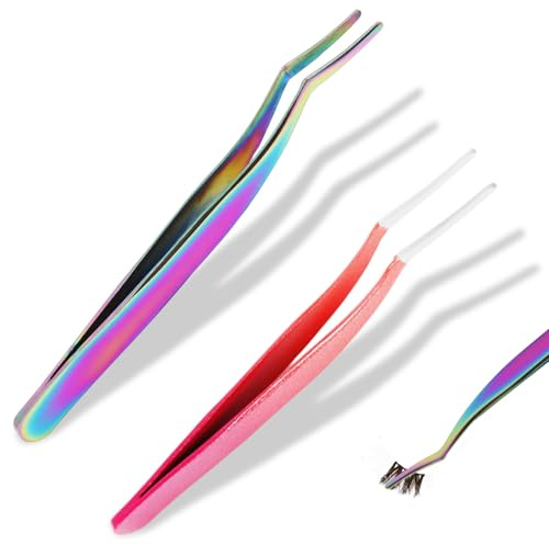 2 Pcs Eyelash Tweezers, Stainless Steel Wimpern Pinzette für Wimpernextensions, Leichtes Anbringen Curved Tip Eyelash Tweezers, Professional Tweezers, Falsche Wimpern Pinzetten Set