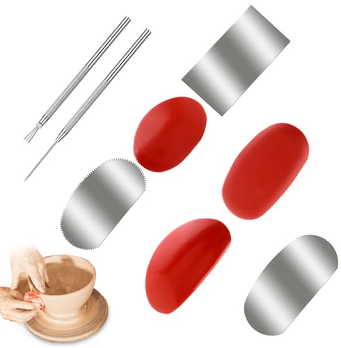 Gummi-Tonrippen in 3 Größen + 3 Skulpturen-Töpferei-Schaber + 1 Ton-Keramiknadel und 1 Federdraht-Textur-Detail-Werkzeug zum Basteln, Modellieren, Texturieren von Künstlern, Modellier-Potter