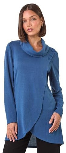 Roman Women's Cowl Neck Long Sleeve Tunic Ladies Lightweight Longline Patterned Top Blouse Snit Autumn Winter Work & Casual Smart Wear Going Out Party Loungewear - Blue - Size 18