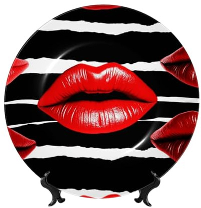 AQRJKHD 8in Bone China Decorative Plate Red Lips Kiss Ceramic Dinner Plates with Display Stand Ceramic Ornaments Art Porcelain Plate for Home Office Wall Decor Collections Plates