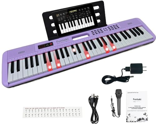 Funtaki Elektronisches Keyboard Piano mit 61 Tasten für Erwachsene und Kinder mit leuchtenden Tasten, MIDI-Konnektivität und Lernmodi – perfektes Anfängerklavier (Lila, Erwachsene/Kinder)
