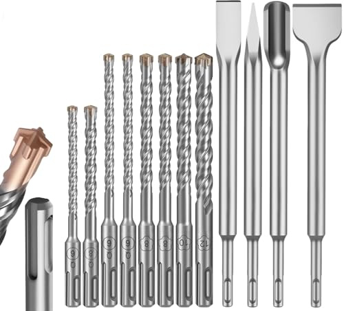 12PCS SDS-Plus Drill Bit & Chisel Set, 8PCS Cross Hammer Drill Bits(6/8/10/12x150mm, 6/8x110mm) + 4PCS Concrete Chisels (14/20/40x250mm), Tungsten Carbide Tip for Concrete/Brick/Stone, Hex/Round Shank