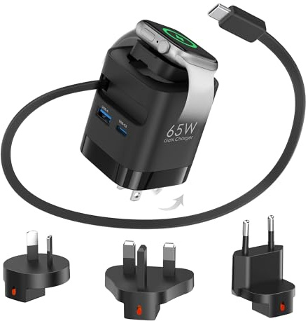 65W Retractable Travel USB C Charger for apple watch, Foldable Travel Adapter Plug Converter with UK/EU/AU Plugs, Fast charging for iwatch S11/10/9/8/7, for Macbook series and iPhone 17/16/15, Black | Foldable Travel Adapter Plug Converter, Fast charging for iwatch S11/10/9/8/7, for Macbook series, for iPhone 17/16/15, Black