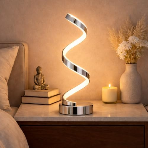 Arcadia Nachttischlampen LED - Dimmbare Nachtlicht Kaltweiß, Neutralweiß und Warmweiß - Modernes Spiraldesign 3200 Lumen - Lampenschirm für Schlafzimmer, Schreibtisch und Wohnzimmer (1 x Silber)