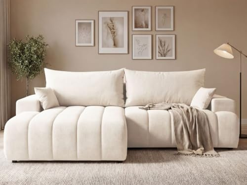 GRAINGOLD Caleo Ecksofa 270x170 cm, L-Form Sofa, Schlafcouch für Wohnzimmer, Velours, 3-Sitzer Eckcouch, Ecksofa mit Bettkasten (Creme, Links)