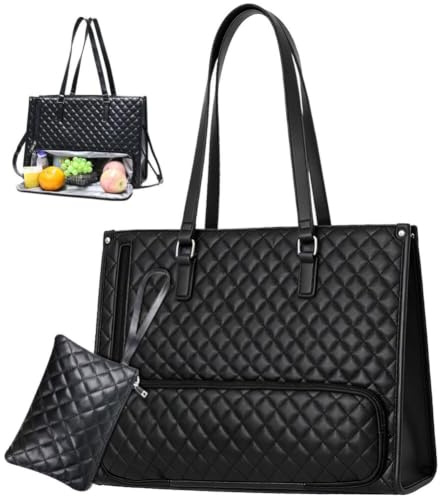 Abnaok Work Bag with Lunch Compartment, 15.9 Inch Laptop Tote Bags | PU Leather, with Purse, Computer Briefcase, Waterproof, Quilted with Insulated Pocket for Nurse, Office, School, College