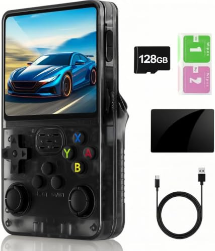 Console di gioco retrò R36S, schermo IPS da 3,5, 128 GB, oltre 20.000 giochi preinstallati, sistema open source basato su Linux/ArkOS, doppio joystick, batteria da 3500 mAh, versione trasparente nera